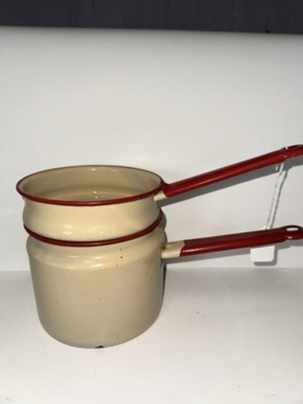 Vintage Enamelware Double Boiler Cream Red Trim Nesting Saucepan Set